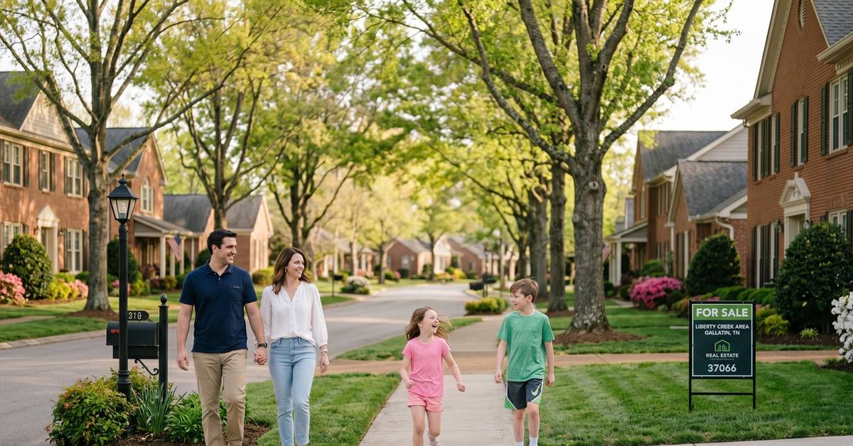 Established resale neighborhood streetscape in Gallatin TN 37066 Liberty Creek school zone with brick homes and mature trees