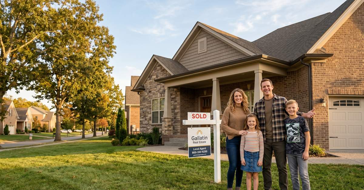 Family with SOLD sign in front of craftsman brick home in Gallatin TN 37066 in the $350000 to $400000 price tier