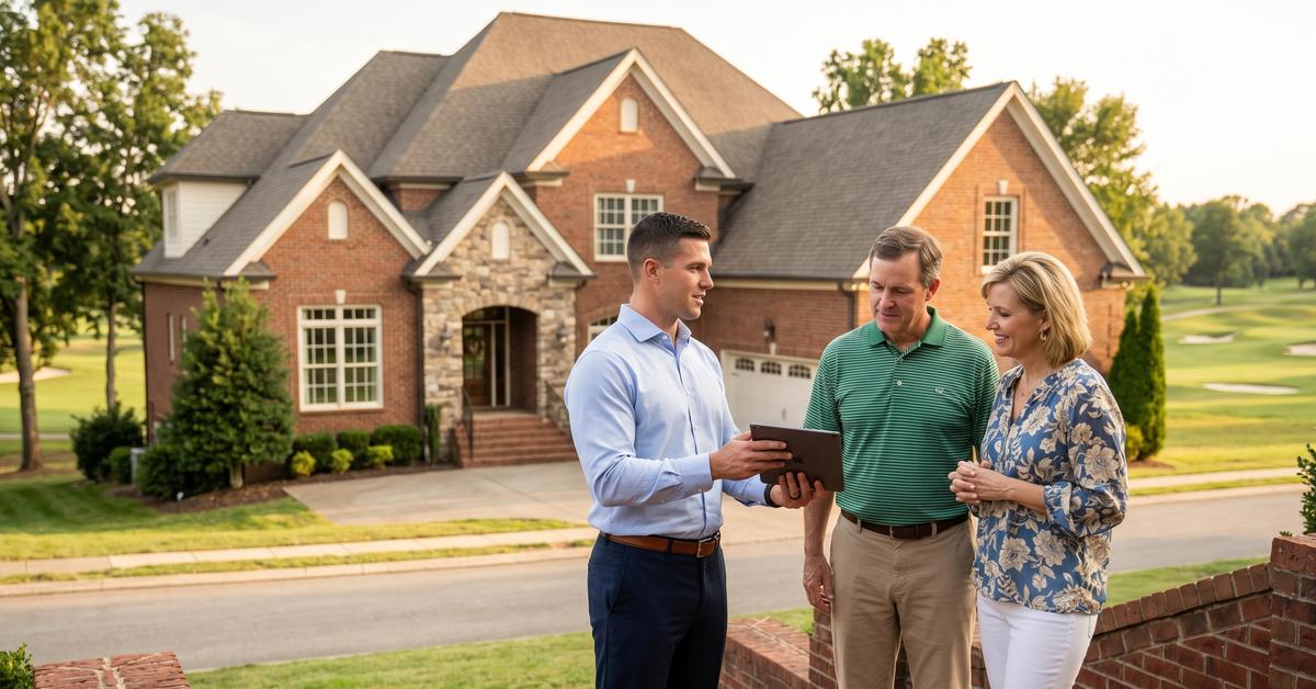 Real estate agent reviewing Last Plantation market data with buyer couple outside Gallatin TN 37066 golf course home