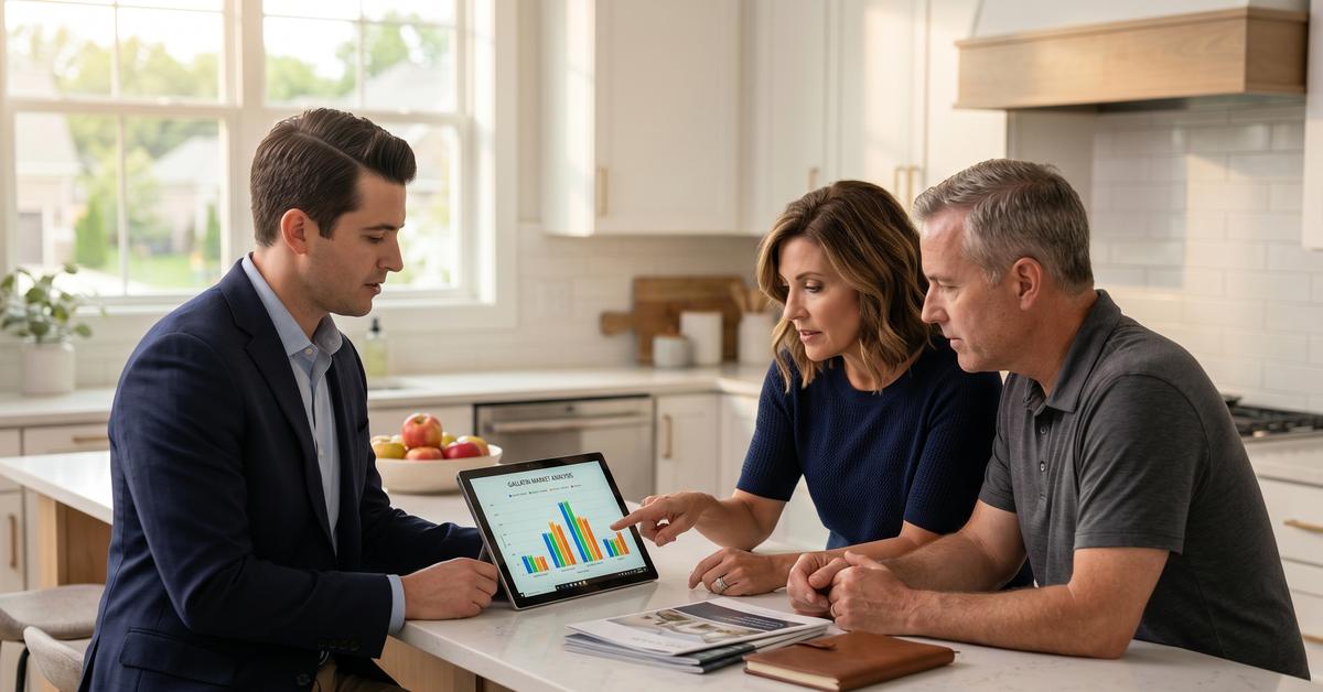 Real estate agent reviewing Gallatin TN price tier comparison chart with couple in modern kitchen Sumner County