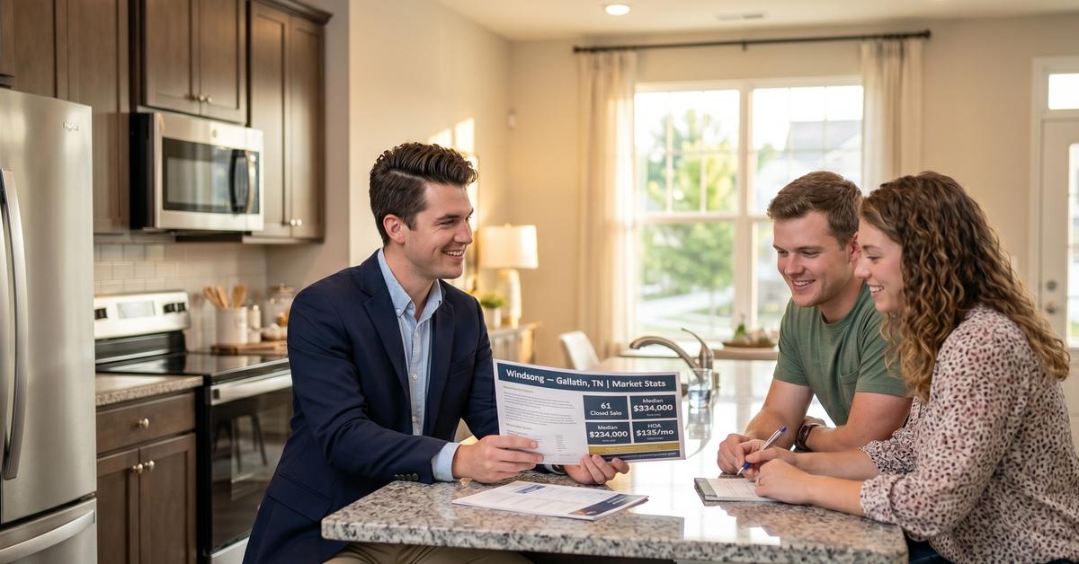 Real estate agent reviewing Windsong townhome market data with buyers inside a Gallatin TN 37066 Ryan Homes townhome