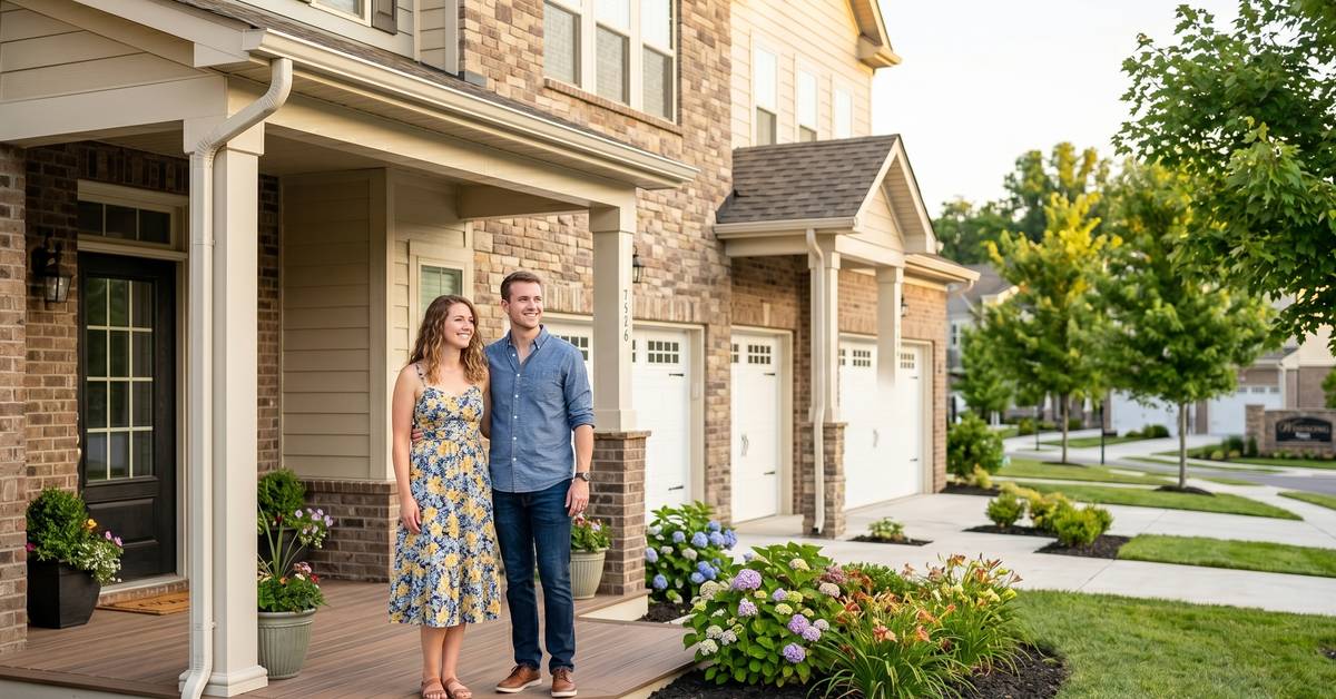 Young couple on front porch of Ryan Homes townhome at Windsong community in Gallatin TN 37066 Sumner County